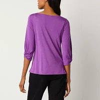 Liz Claiborne Twist Sleeve Womens Round Neck 3/4 Blouse