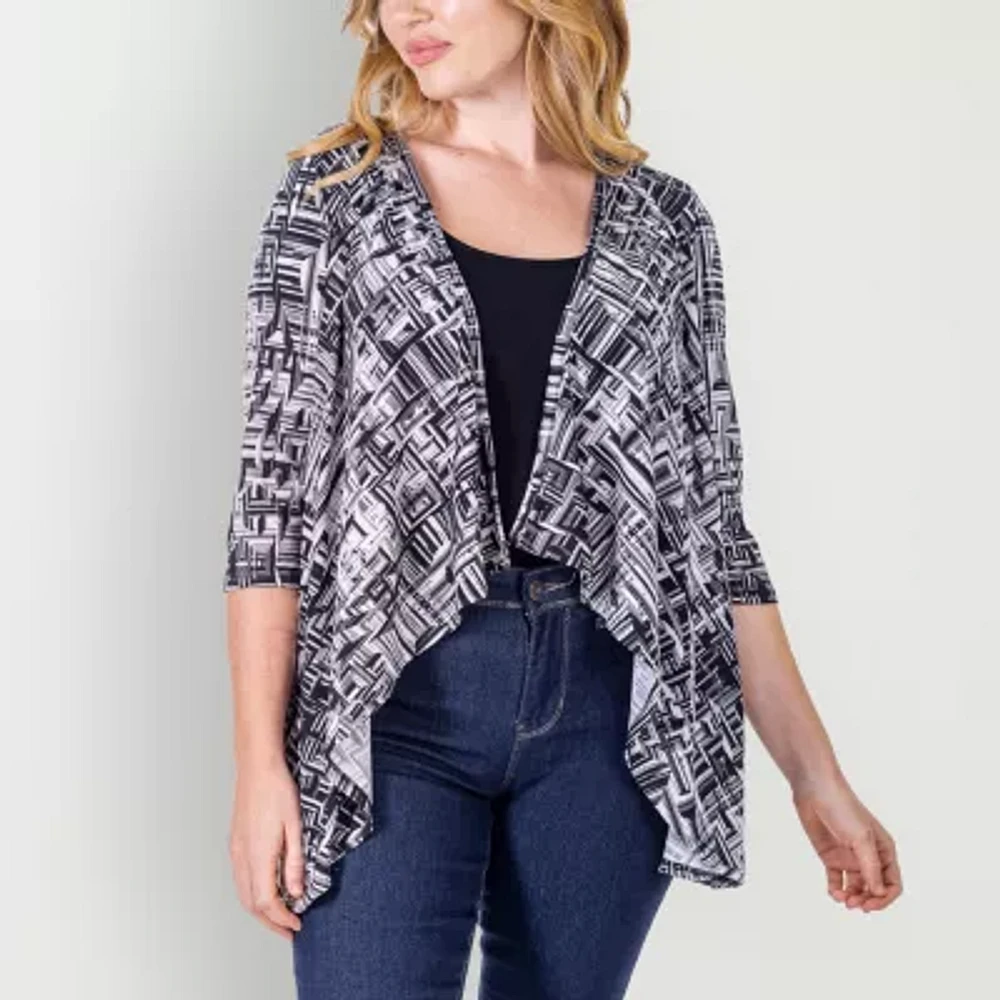 24seven Comfort Apparel Womens Elbow Sleeve Open Front Geometric Cardigan