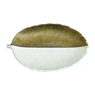 Nearly Natural "14"" Gold And White Leaf" Decorative Tray