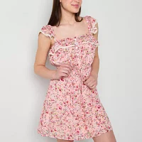 City Triangle Womens Short Sleeve Floral Fit + Flare Dress Juniors