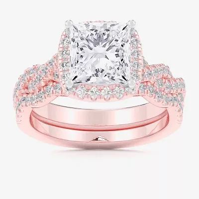 (G-H / Si1-Si2) Womens 1 1/2 CT. T.W. Lab Grown White Diamond 14K Rose Gold Side Stone Halo Bridal Set