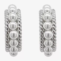 Sparkle Allure Simulated Pearl Pure Silver Over Brass Hoop Earrings