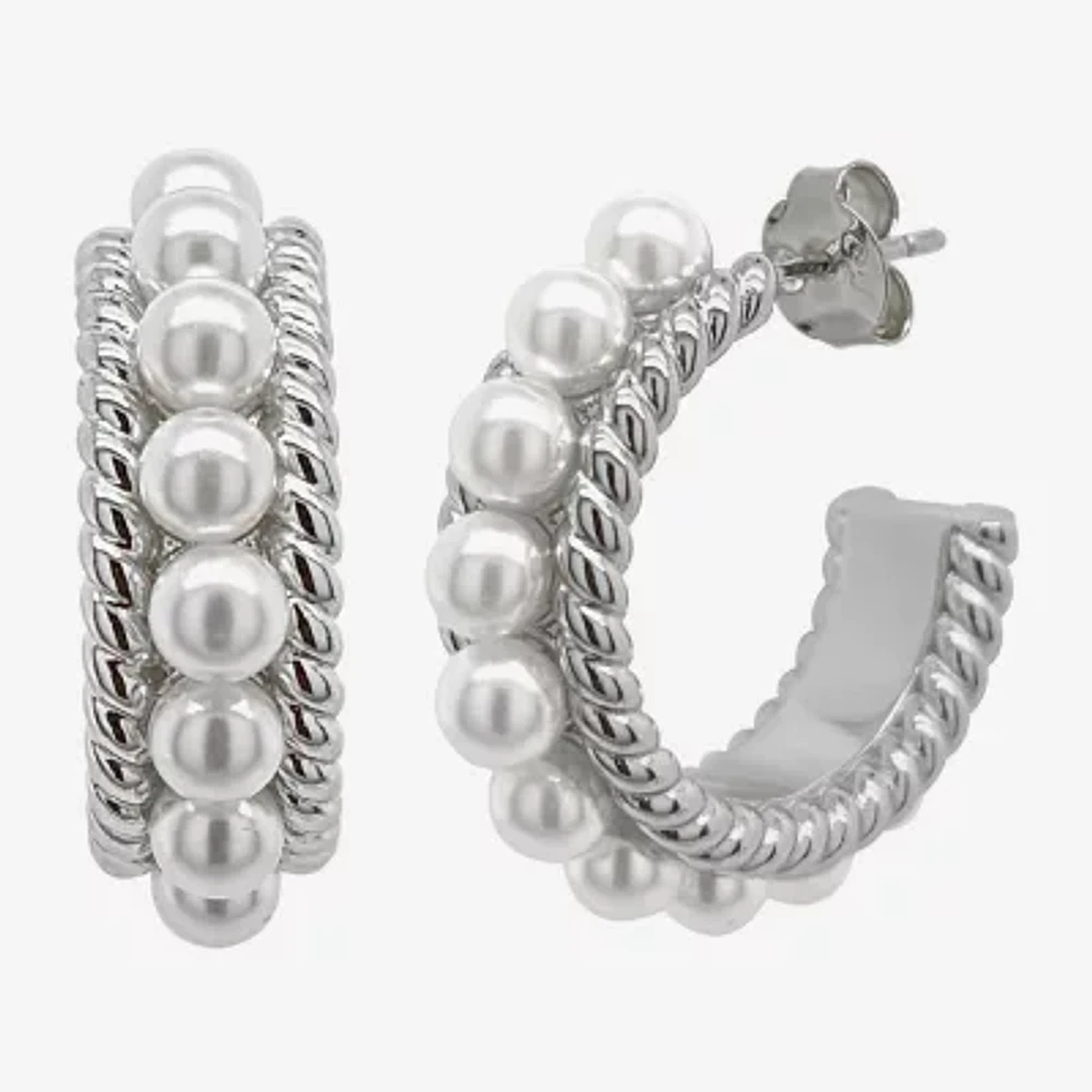 Sparkle Allure Simulated Pearl Pure Silver Over Brass Hoop Earrings