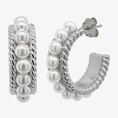 Sparkle Allure Simulated Pearl Pure Silver Over Brass Hoop Earrings
