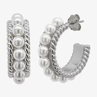 Sparkle Allure Simulated Pearl Pure Silver Over Brass Hoop Earrings