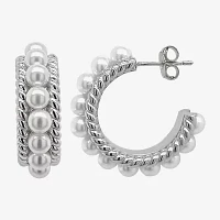 Sparkle Allure Simulated Pearl Pure Silver Over Brass Hoop Earrings