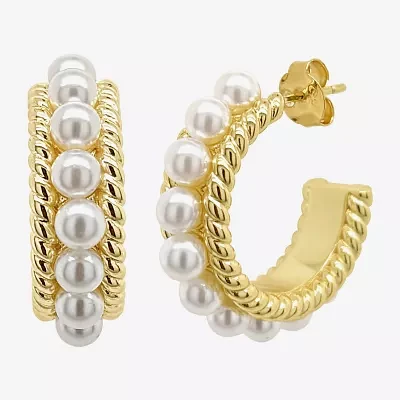 Sparkle Allure White Simulated Pearl 14K Gold Over Brass 26mm Hoop Earrings