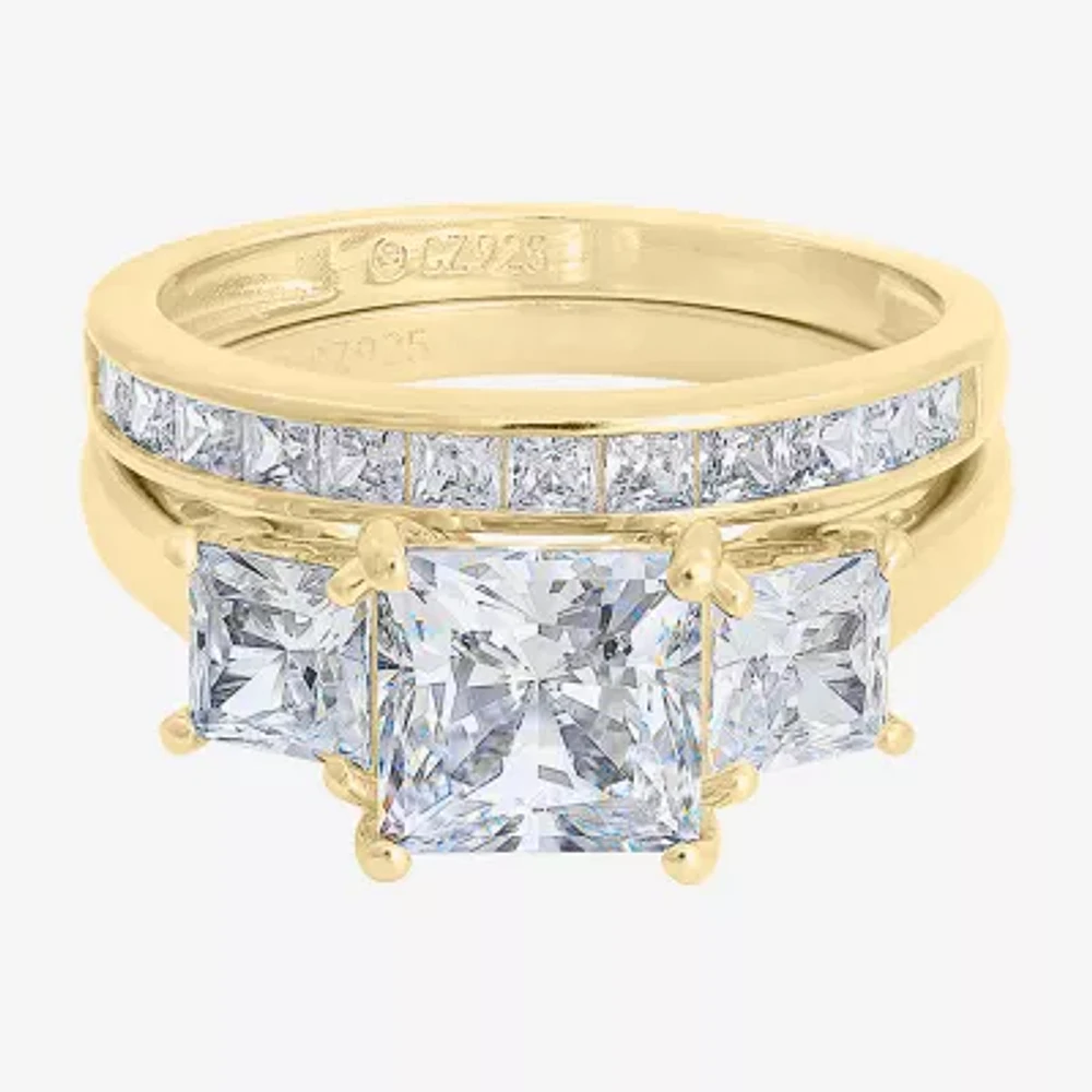 Diamonart Womens Cubic Zirconia 14K Gold Over Silver 3-Stone Bridal Set