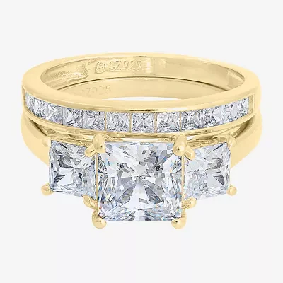 Diamonart Womens Cubic Zirconia 14K Gold Over Silver 3-Stone Bridal Set