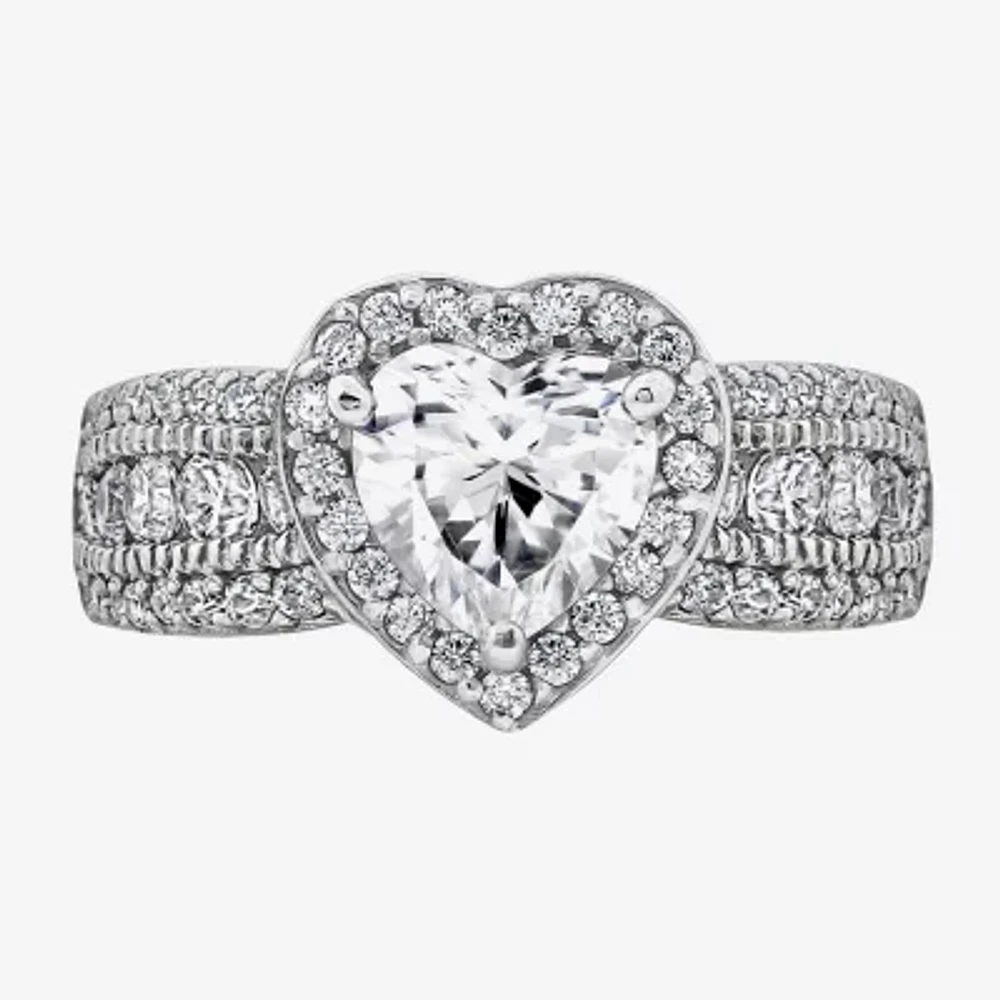 Diamonart Womens Cubic Zirconia Sterling Silver Heart Halo Side Stone Cocktail Ring