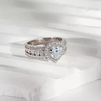 Diamonart Womens Cubic Zirconia Sterling Silver Heart Halo Side Stone Cocktail Ring