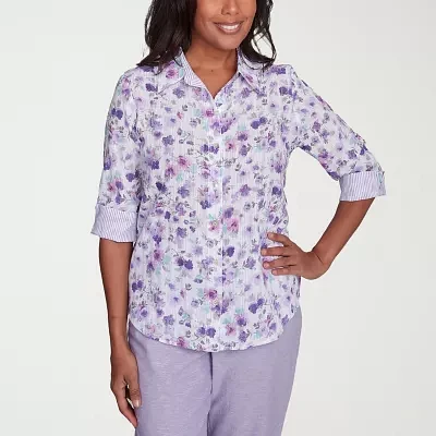 Alfred Dunner Crystal Springs Womens 3/4 Sleeve Button-Down Shirt