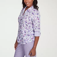 Alfred Dunner Crystal Springs Womens 3/4 Sleeve Button-Down Shirt