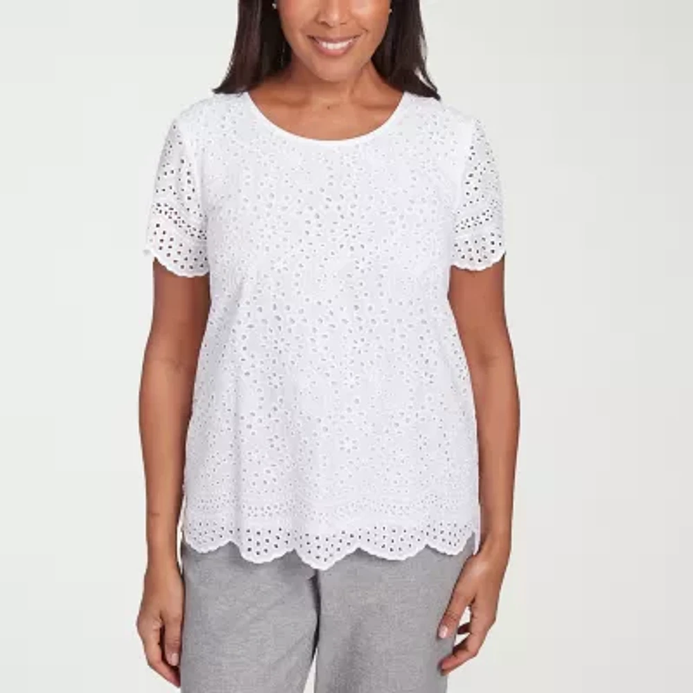 Alfred Dunner Crystal Springs Womens Crew Neck Short Sleeve Blouse