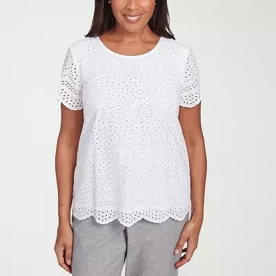 Alfred Dunner Crystal Springs Womens Crew Neck Short Sleeve Blouse