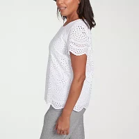 Alfred Dunner Crystal Springs Womens Crew Neck Short Sleeve Blouse