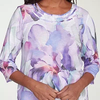 Alfred Dunner Crystal Springs Womens Crew Neck 3/4 Sleeve T-Shirt