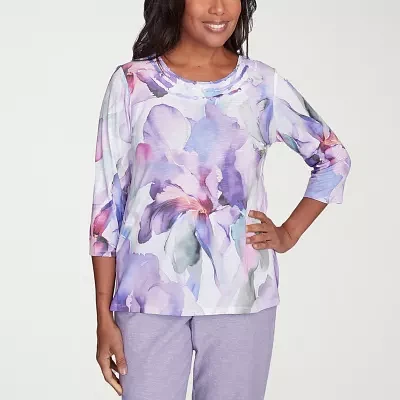 Alfred Dunner Crystal Springs Womens Crew Neck 3/4 Sleeve T-Shirt