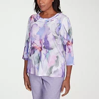 Alfred Dunner Crystal Springs Womens Crew Neck 3/4 Sleeve T-Shirt