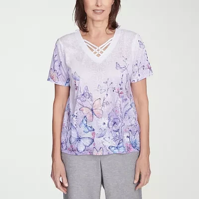 Alfred Dunner Crystal Springs Womens V Neck Short Sleeve T-Shirt