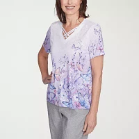 Alfred Dunner Crystal Springs Womens V Neck Short Sleeve T-Shirt
