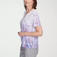 Alfred Dunner Crystal Springs Womens V Neck Short Sleeve T-Shirt