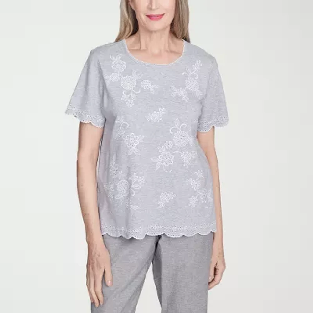 Alfred Dunner Crystal Springs Womens Crew Neck Short Sleeve T-Shirt