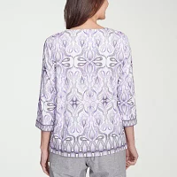 Alfred Dunner Crystal Springs Womens Square Neck 3/4 Sleeve T-Shirt