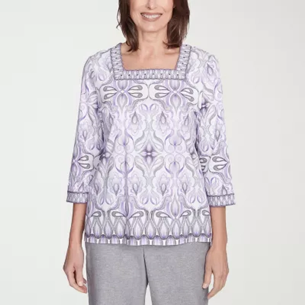 Alfred Dunner Crystal Springs Womens Square Neck 3/4 Sleeve T-Shirt