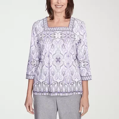 Alfred Dunner Crystal Springs Womens Square Neck 3/4 Sleeve T-Shirt