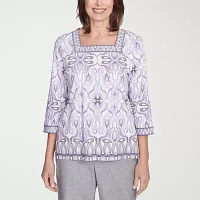 Alfred Dunner Crystal Springs Womens Square Neck 3/4 Sleeve T-Shirt