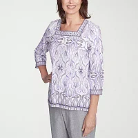 Alfred Dunner Crystal Springs Womens Square Neck 3/4 Sleeve T-Shirt