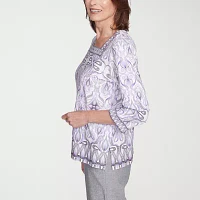 Alfred Dunner Crystal Springs Womens Square Neck 3/4 Sleeve T-Shirt