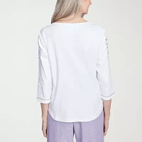 Alfred Dunner Crystal Springs Womens Crew Neck 3/4 Sleeve T-Shirt