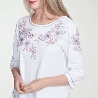 Alfred Dunner Crystal Springs Womens Crew Neck 3/4 Sleeve T-Shirt