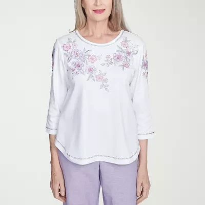 Alfred Dunner Crystal Springs Womens Crew Neck 3/4 Sleeve T-Shirt