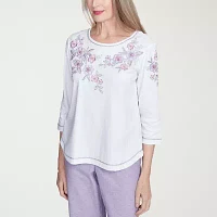 Alfred Dunner Crystal Springs Womens Crew Neck 3/4 Sleeve T-Shirt