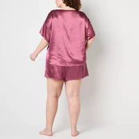 Ambrielle Womens Plus Satin Crew Neck Short Sleeve 2-pc. Pajama Sets