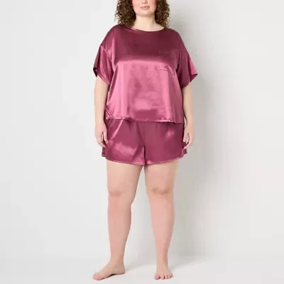 Ambrielle Womens Plus Satin Crew Neck Short Sleeve 2-pc. Pajama Sets