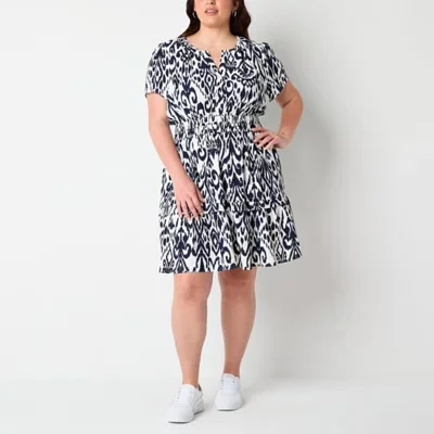 Be by CHETTA B Womens Short Sleeve Animal Fit + Flare Dress Plus