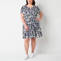 Be by CHETTA B Womens Short Sleeve Animal Fit + Flare Dress Plus
