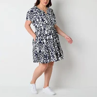 Be by CHETTA B Womens Short Sleeve Animal Fit + Flare Dress Plus