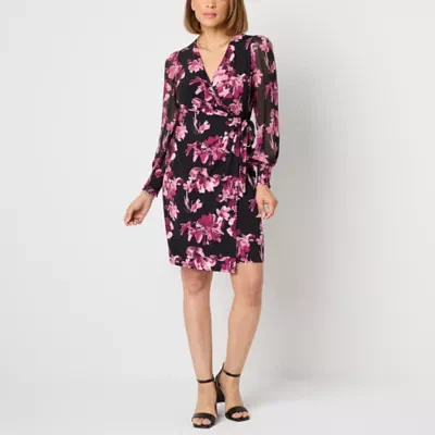 Black Label by Evan-Picone Womens Long Sleeve Floral Sheath Dress