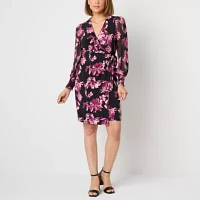 Black Label by Evan-Picone Womens Long Sleeve Floral Sheath Dress
