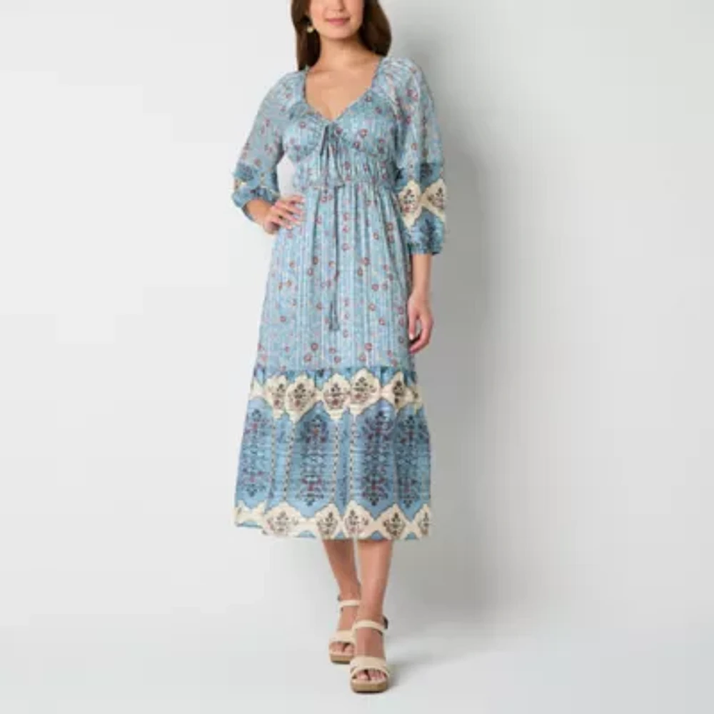 Frye and Co. Womens 3/4 Sleeve Floral Midi Maxi Dress