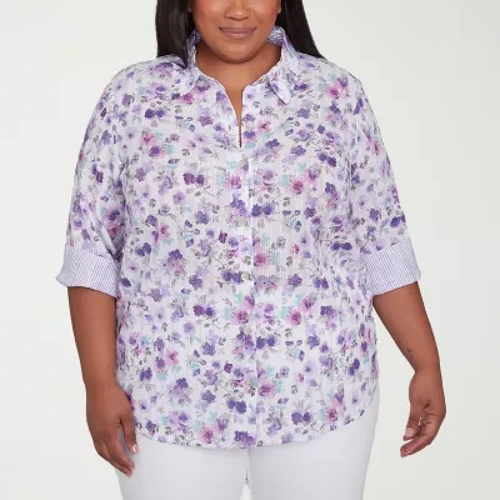 Alfred Dunner Plus Crystal Springs Womens 3/4 Sleeve Button-Down Shirt