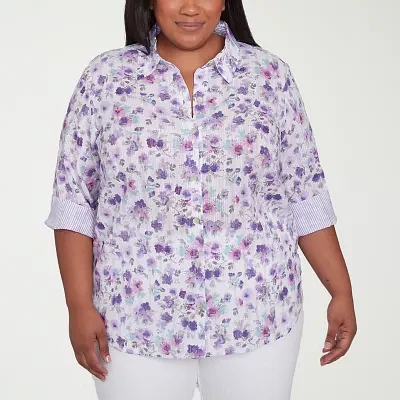 Alfred Dunner Plus Crystal Springs Womens 3/4 Sleeve Button-Down Shirt