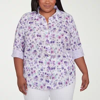 Alfred Dunner Plus Crystal Springs Womens 3/4 Sleeve Button-Down Shirt
