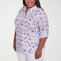 Alfred Dunner Plus Crystal Springs Womens 3/4 Sleeve Button-Down Shirt