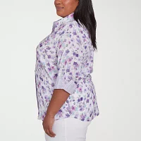 Alfred Dunner Plus Crystal Springs Womens 3/4 Sleeve Button-Down Shirt